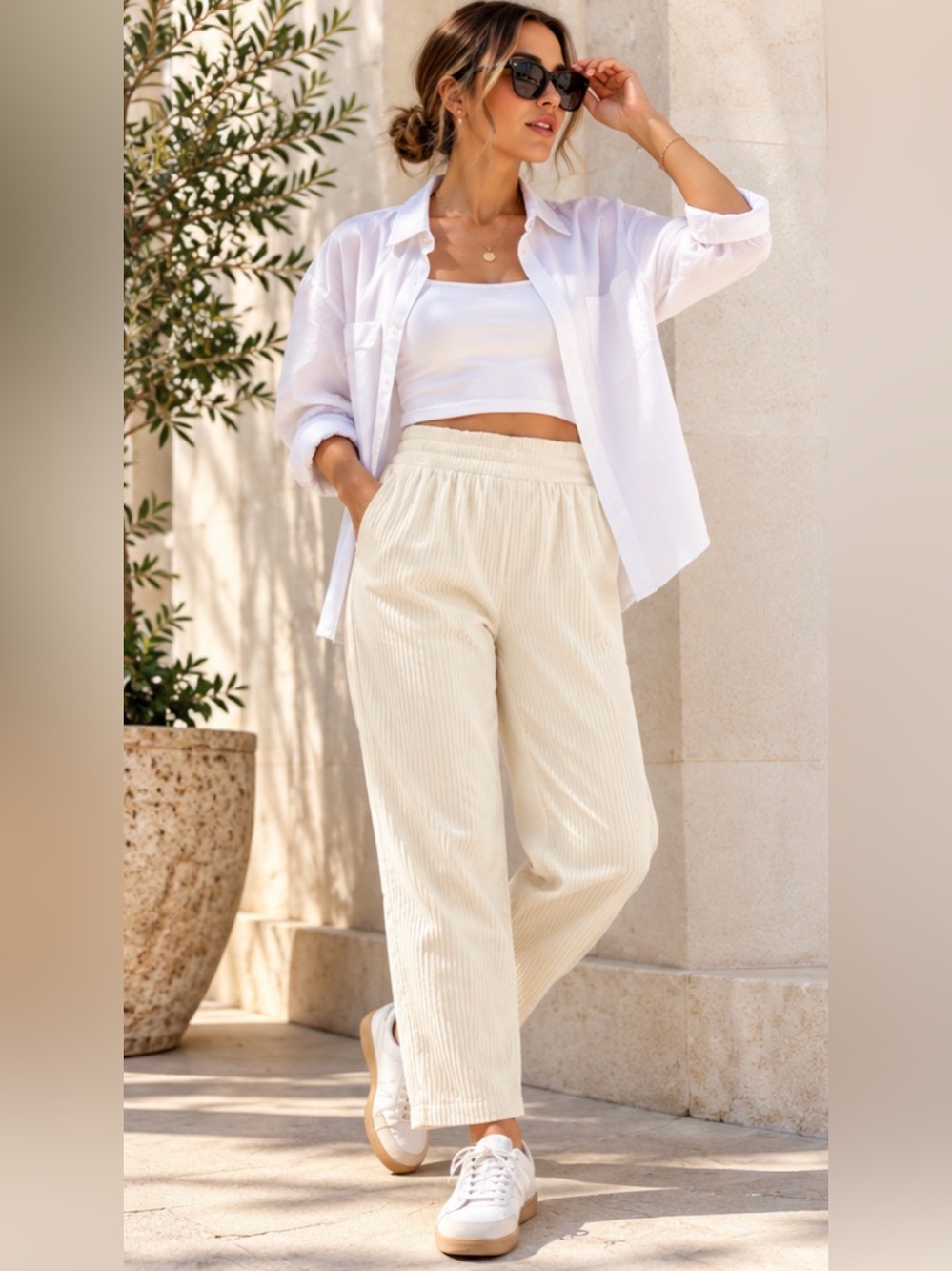 Vilagallo Ivory Ribbed Cotton Straight Leg Pants EU 40 US 8
